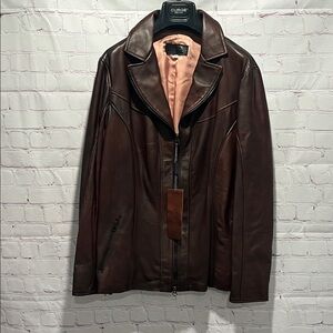 Italian Woman's Brown Leather‎ Zip Up Jacket Made by CURGÈ size 2X EU 54 NWT W18